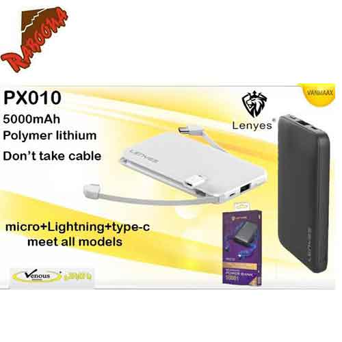 پاوربانک5000mAhLenyes Px010 دارای کابل MICROو کابل TYPE-Cو تبدیل آیفون